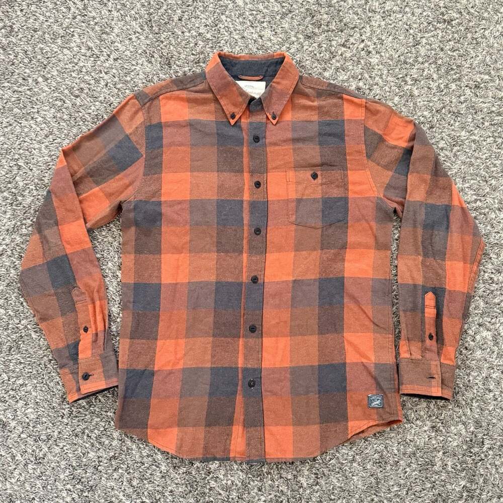 Men’s Weatherproof Vintage Flannel Shirt Size M Orange Gray Plaid Long Sleeve